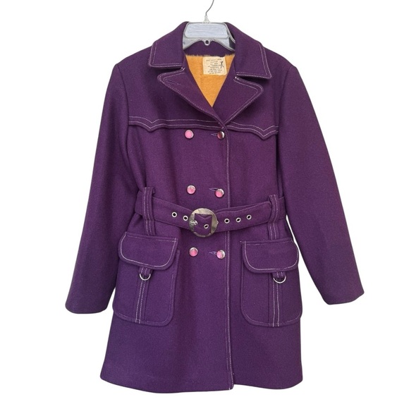 Vintage 1970s Belted Mod Pea Coat Size Small Purple Wool Blend Funky Retro - Picture 1 of 12